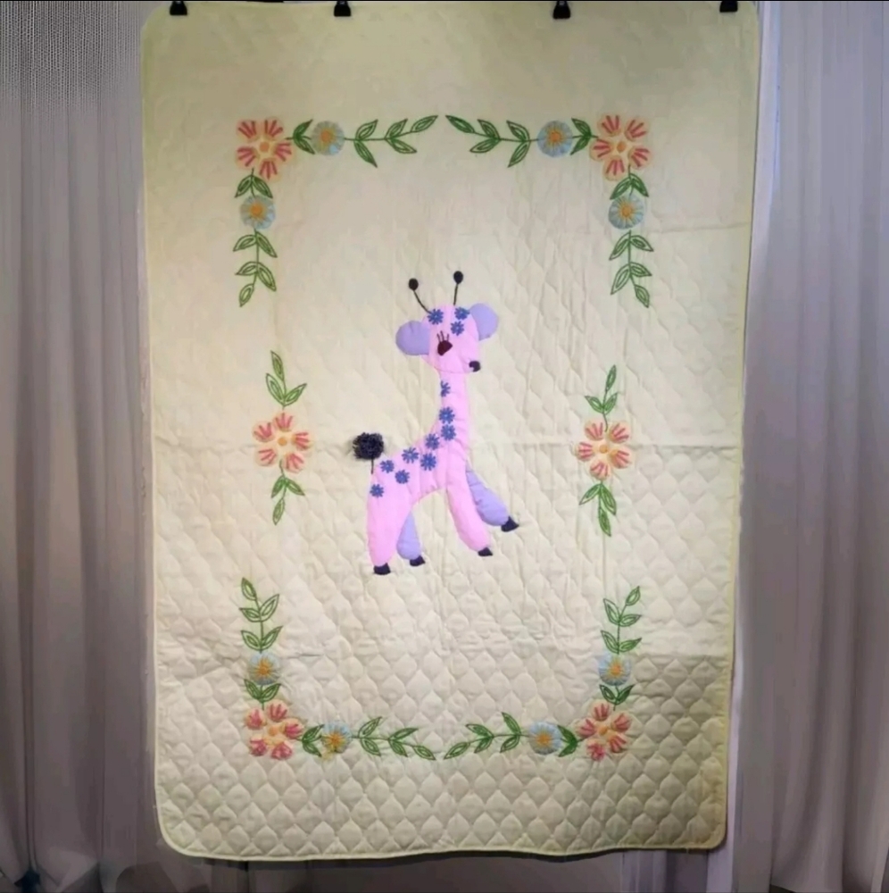 Handmade Baby Quilt with Adorable Pink Giraffe Applique & Crochet Flowers